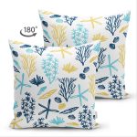 Çift Taraflı Beyaz Zemin Üzerinde Renkli Deniz Motifli Süet Yastık Kırlent Kılıfı Realhomes