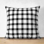 Çift Taraflı Beyaz Zeminli Siyah Ekose Desenli Dijital Baskılı Modern Süet Yastık Kırlent Kılıfı Realhomes