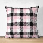 Çift Taraflı Beyaz Zeminli Siyah Ekose Desenli Dijital Baskılı Modern Süet Yastık Kırlent Kılıfı Realhomes