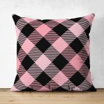Çift Taraflı Renkli Pastel Zemin Üzerinde Siyah Ekose Desenli Modern Süet Yastık Kırlent Kılıfı Realhomes