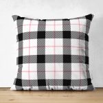 Çift Taraflı Beyaz Zeminli Siyah Ekose Desenli Dijital Baskılı Modern Süet Yastık Kırlent Kılıfı Realhomes