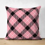 Çift Taraflı Renkli Pastel Zemin Üzerinde Siyah Ekose Desenli Modern Süet Yastık Kırlent Kılıfı Realhomes