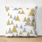 Çift Taraflı Beyaz Zemin Üzerinde Gold Detaylı Çamağacı Desenli Modern Süet Yastık Kırlent Kılıfı Realhomes