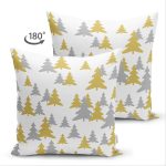 Çift Taraflı Beyaz Zemin Üzerinde Gold Detaylı Çamağacı Desenli Modern Süet Yastık Kırlent Kılıfı Realhomes