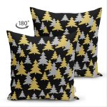 Çift Taraflı Siyah Zemin Üzerinde Gold Detaylı Çamağacı Desenli Modern Süet Yastık Kırlent Kılıfı Realhomes