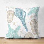 Çift Taraflı Beyaz Zemin Üzerinde Deniz Kabuğu Desenli Süet Yastık Kırlent Kılıfı Realhomes