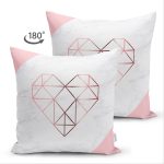 Çift Taraflı Beyaz Zemin Üzerinde Geometrik Desenli Kalp Motifli Süet Yastık Kırlent Kılıfı Realhomes