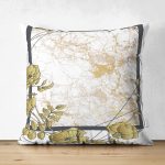 Çift Taraflı Beyaz Zemin Üzerinde Geometrik Desenli Gold Detaylı Gül Motifli Süet Kırlent Kılıfı Realhomes