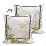 Çift Taraflı Beyaz Zemin Üzerinde Geometrik Desenli Gold Detaylı Gül Motifli Süet Kırlent Kılıfı Realhomes