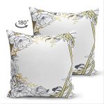 Çift Taraflı Beyaz Zemin Üzerinde Gold Detaylı Gül Motifli Dijital Baskılı Modern Süet Yastık Kılıfı Realhomes