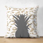 Çift Taraflı Beyaz Zemin Üzerinde Gold Detaylı Ananas Desenli Modern Süet Yastık Kırlent Kılıfı Realhomes