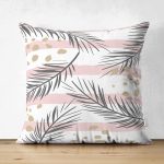 Çift Taraflı Beyaz Zemin Üzerinde Gold Detaylı Yaprak Desenli Modern Süet Yastık Kırlent Kılıfı Realhomes