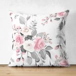 - Suet-K-8004-Gorsel1 - Realhomes  Pembe Beyaz Gül Gri Yapraklar Desenli Dijital Baskılı Modern Süet Yastık Kırlent Kılıfı Realhomes