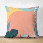 Çift Taraflı Renkli Zeminli Pastel Yaprak Desenli Dijital Baskılı Modern Süet Yastık Kırlent Kılıfı Realhomes