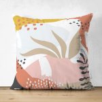 Çift Taraflı Beyaz Zemin Üzerinde Pastel Renkli Yaprak Desenli Modern Süet Yastık Kırlent Kılıfı Realhomes