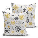 Çift Taraflı Beyaz Zemin Üzerinde Gold Detaylı Kartanesi Desenli Süet Yastık Kırlent Kılıfı Realhomes