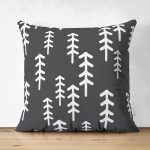 - Suet-K-8056-Gorsel1 - Realhomes Çift Taraflı Siyah Zeminli Beyaz Çam Ağacı Desenli Dijital Baskılı Modern Süet Yastık Kırlent Kılıfı Realhomes