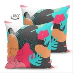 Çift Taraflı Renkli Zemin Üzerinde Geometrik Yaprak Desenli Modern Süet Yastık Kırlent Kılıfı Realhomes