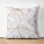 Çift Taraflı Renkli Zemin Üzerinde Gold Detaylı Mermer Desenli Modern Süet Yastık Kırlent Kılıfı Realhomes
