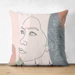 Çift Taraflı Pastel Zemin Üzerinde Onedraw Çizimli Bayan Silüeti Süet Yastık Kırlent Kılıfı Realhomes