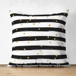 Çift Taraflı Beyaz Zemin Üzerinde Siyah Çizgili Gold Puantiyeli Modern Süet Yastık Kırlent Kılıfı Realhomes