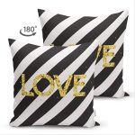 - Suet-K-8212-Gorsel2 - Realhomes Çift Taraflı Beyaz Zemin Üzerinde Siyah Yatay Çizgili Gold Renkli Love Yazılı Süet Kırlent Kılıfı Realhomes