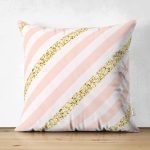 Çift Taraflı Beyaz Zeminli Pembe Yatay Çizgili Dijital Baskılı Modern Süet Yastık Kırlent Kılıfı Realhomes