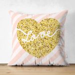 Çift Taraflı Beyaz Zeminli Gold Renkli Love Yazılı Dijital Baskılı Modern Süet Yastık Kırlent Kılıfı Realhomes