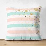 Çift Taraflı Beyaz Zemin Üzerinde Renkli Yatay Çizgili Gold Detaylı Süet Yastık Kırlent Kılıfı Realhomes