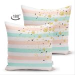 Çift Taraflı Beyaz Zemin Üzerinde Renkli Yatay Çizgili Gold Detaylı Süet Yastık Kırlent Kılıfı Realhomes