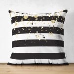 Çift Taraflı Beyaz Zemin Üzerinde Siyah Çizgili Gold Detaylı Modern Süet Yastık Kırlent Kılıfı Realhomes