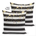 Çift Taraflı Beyaz Zemin Üzerinde Siyah Çizgili Gold Detaylı Modern Süet Yastık Kırlent Kılıfı Realhomes