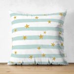 Çift Taraflı Beyaz Zemin Üzerinde Renkli Çizgili Gold Detaylı Modern Süet Yastık Kırlent Kılıfı Realhomes