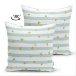 Çift Taraflı Beyaz Zemin Üzerinde Renkli Çizgili Gold Detaylı Modern Süet Yastık Kırlent Kılıfı Realhomes