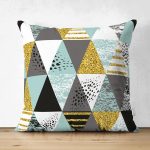 Çift Taraflı Pastel Zemin Üzerinde Gold Detaylı Geometrik Desenli Süet Yastık Kırlent Kılıfı Realhomes