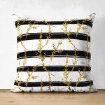 - Suet-K-8227-Gorsel1 - Realhomes Çift Taraflı Beyaz Zemin Üzerinde Siyah Çizgili Gold Detaylı Yaprak Desenli Süet Kırlent Kılıfı Realhomes