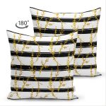 - Suet-K-8227-Gorsel2 - Realhomes Çift Taraflı Beyaz Zemin Üzerinde Siyah Çizgili Gold Detaylı Yaprak Desenli Süet Kırlent Kılıfı Realhomes