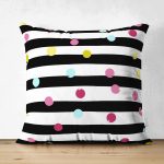 Çift Taraflı Beyaz Zemin Üzerinde Yatay Çizgili Renkli Puantiyeli Süet Yastık Kırlent Kılıfı Realhomes