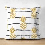 Çift Taraflı Beyaz Zemin Üzerinde Gold Renkli Ananas Desenli Modern Süet Yastık Kırlent Kılıfı Realhomes
