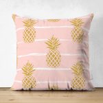 Çift Taraflı Pastel Zemin Üzerinde Gold Renkli Anans Desenli Modern Süet Yastık Kırlent Kılıfı Realhomes