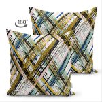 Çift Taraflı Beyaz Zemin Üzerinde Gold Detaylı Geometrik Desenli Süet Yastık Kırlent Kılıfı Realhomes