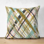 Çift Taraflı Beyaz Zemin Üzerinde Gold Detaylı Geometrik Desenli Süet Yastık Kırlent Kılıfı Realhomes