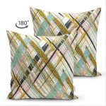 Çift Taraflı Beyaz Zemin Üzerinde Gold Detaylı Geometrik Desenli Süet Yastık Kırlent Kılıfı Realhomes