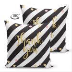 Çift Taraflı Beyaz Zemin Üzerinde Siyah Yatay Çizgili Gold Renkli Yazılı Süet Yastık Kırlent Kılıfı Realhomes