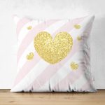 - Suet-K-8239-Gorsel1 - Realhomes Çift Taraflı Beyaz Zemin Üzerinde Pembe Yatay Çizgili Gold Detaylı Kalp Desenli Süet Yastık Kılıfı Realhomes