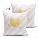 - Suet-K-8239-Gorsel2 - Realhomes Çift Taraflı Beyaz Zemin Üzerinde Pembe Yatay Çizgili Gold Detaylı Kalp Desenli Süet Yastık Kılıfı Realhomes