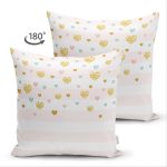 - Suet-K-8240-Gorsel2 - Realhomes Çift Taraflı Beyaz Zemin Üzerinde Pembe Yatay Çizgili Gold Detaylı Kalp Desenli Süet Yastık Kılıfı Realhomes