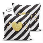 Çift Taraflı Beyaz Zemin Üzerinde Siyah Yatay Çizgili Gold Detaylı Kalp Desenli Süet Kırlent Kılıfı Realhomes