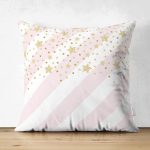 Çift Taraflı Beyaz Zeminli Pembe Yatay Çizgili Gold Detaylı Yıldız Desenli Süet Kırlent Kılıfı Realhomes