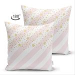 Çift Taraflı Beyaz Zeminli Pembe Yatay Çizgili Gold Detaylı Yıldız Desenli Süet Kırlent Kılıfı Realhomes